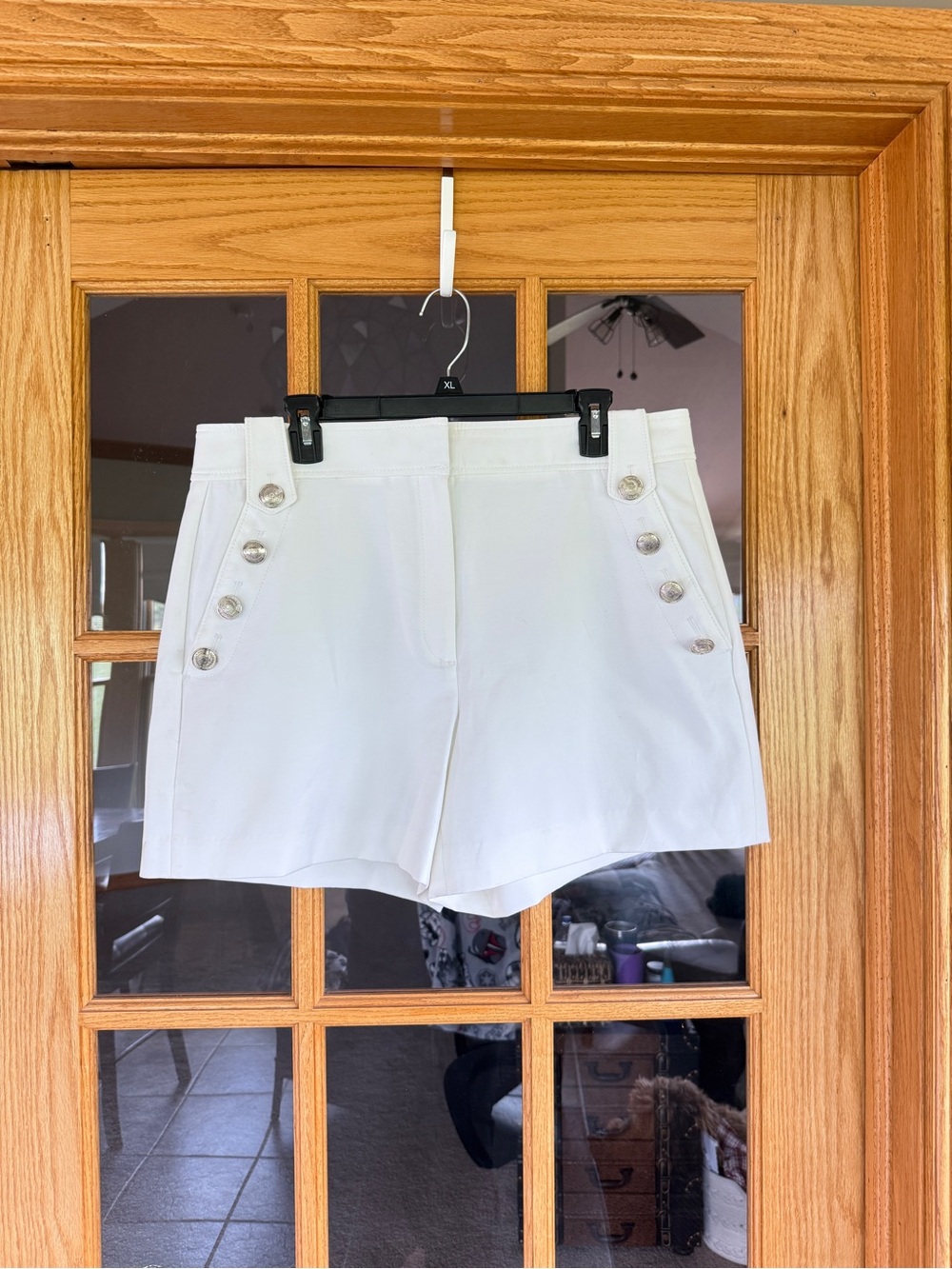 White House Black Market White High-Waist Silver Button-Detail Shorts